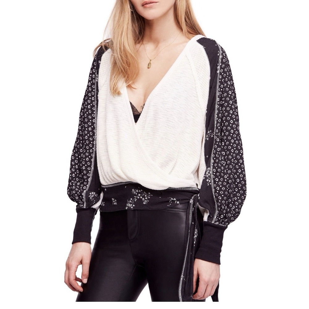 Free People Auxton Waffle Blouse Black White Balloon Sleeve Oversized Top S Boho